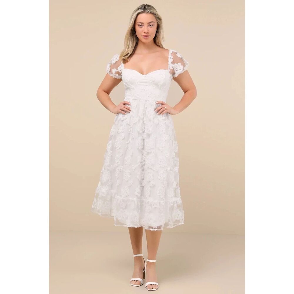 LULUS Notable Elegance Mesh Floral Appliqué Bustier Midi Dress M White NWT B3
